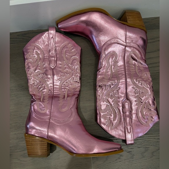 Pink Metallic Cowgirl Western Cowboy Chunky Heeled Boots‎ Size 9 - Picture 11 of 13